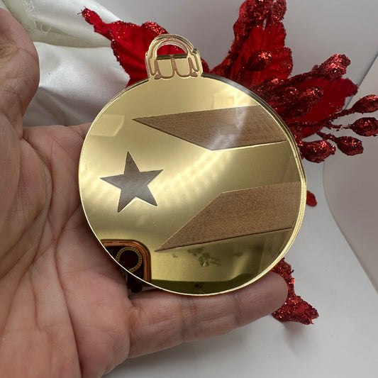 Adorno Navideño en forma de Esfera con Bandera de Puerto Rico en Acrílico espejo Dorado
