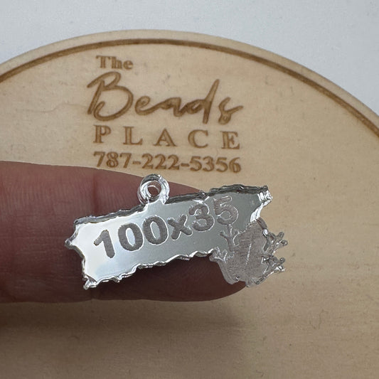 Mapa de Puerto Rico frases 100x35 y coquí en Acrílico Espejo Plata